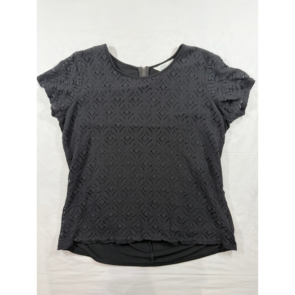 Market & Spruce Black Lace Front Knit Back Zip Blouse XL WW10076
